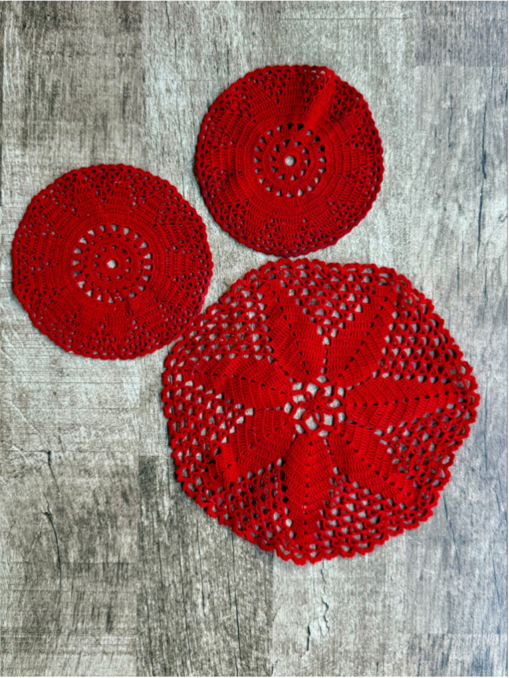 Vintage Crochet Doilies Set of 3 Crimson Red Lace Table Placemats Coasters